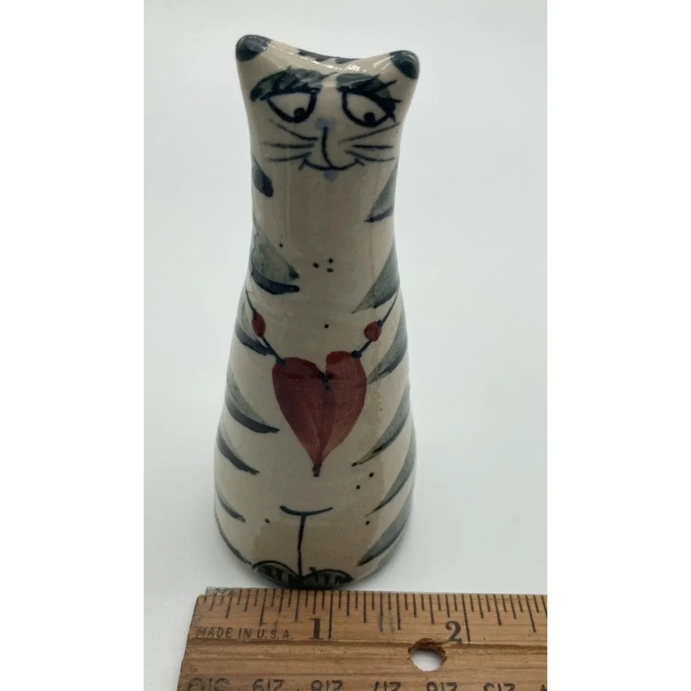 Smiling Cat Figure Vintage Art Ceramic Stripes w/Heart Necklace Whimsy Signed 4